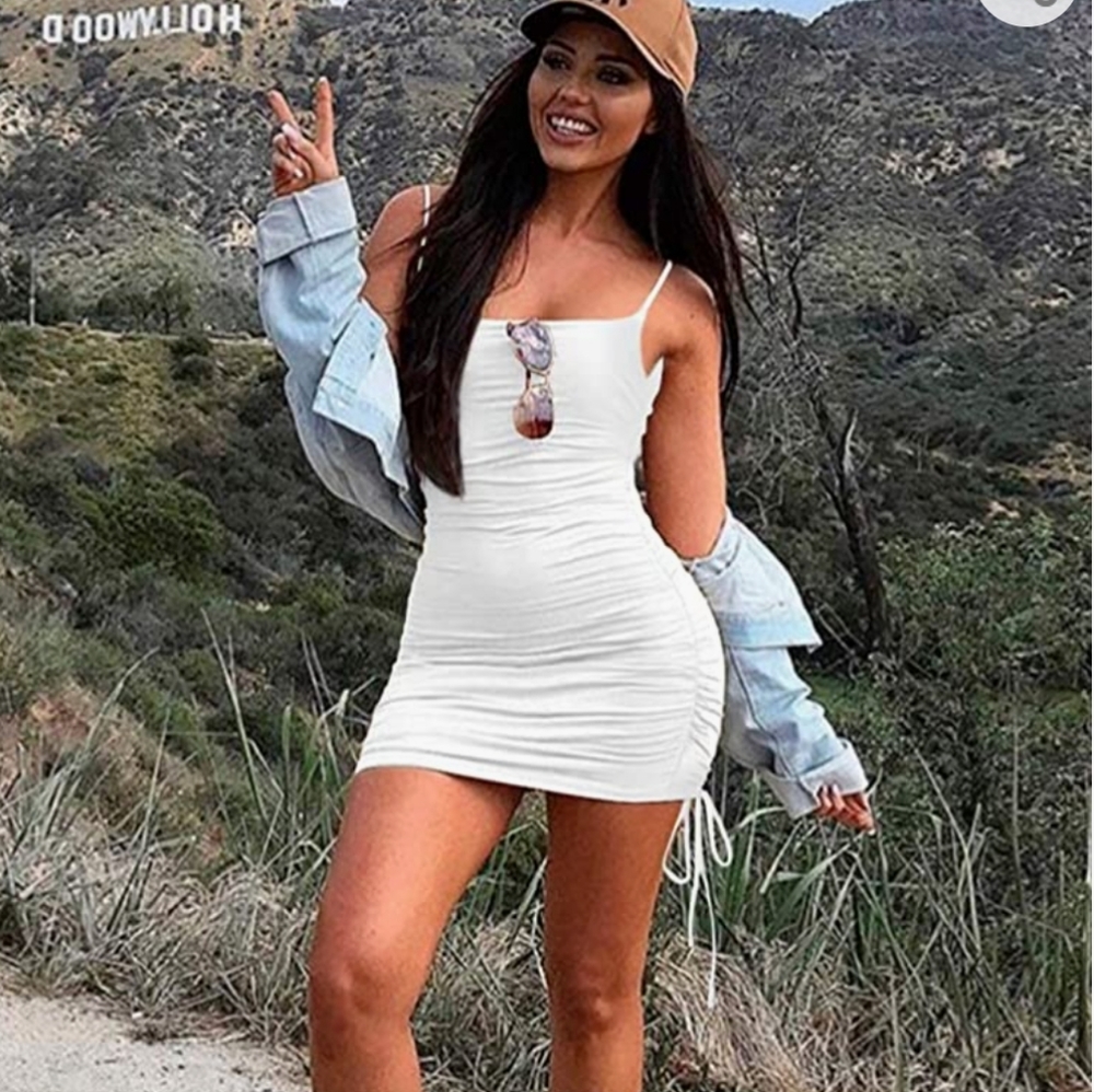 Women Sexy Spaghetti Strap Ruched Drawstring Bodycon Mini Club Dress size Small